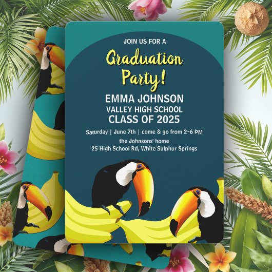 Invitation Fun Tropical Turquoise Bananes Toucans Graduation 