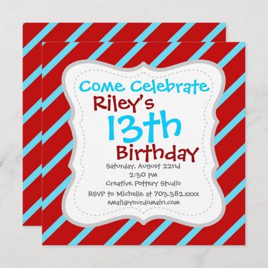 Invitation Fun Turquoise Turquoise Red Diagonal Stripes Cadea (Devant / Derrière)