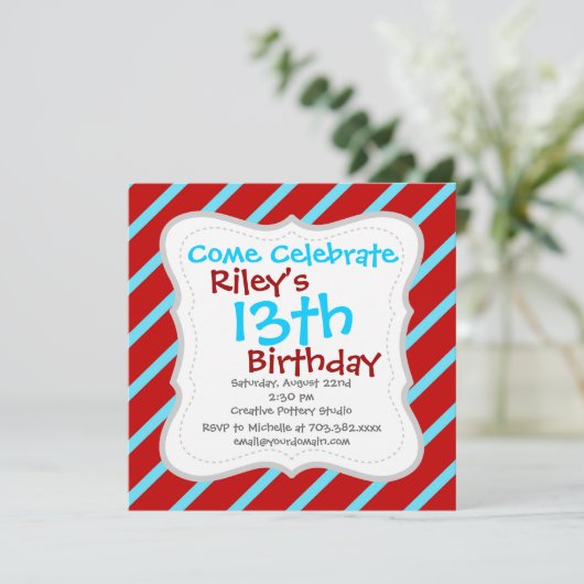 Invitation Fun Turquoise Turquoise Red Diagonal Stripes Cadea (Debout devant)