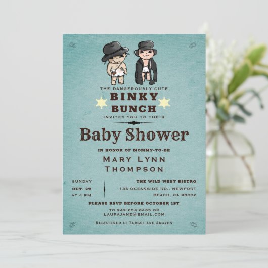 Invitation Fun Twins Binky Bunch Baby shower occidental (Debout devant)