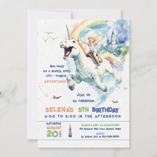 Invitation Fun Unicorn Ride Princesse Fille fête d'anniversai (Devant)