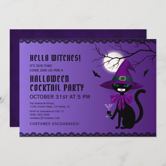 Invitation Fun Violet Chat Noir Sorcière Casquette Lune Hallo (Devant / Derrière)