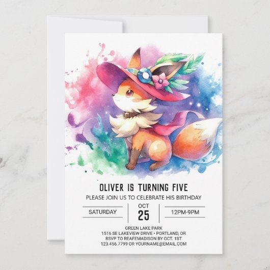 Invitation Fun Watercolor Fox Anniversaire (Devant)