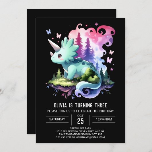 Invitation Fun Watercolor Triceratops Anniversaire (Devant / Derrière)