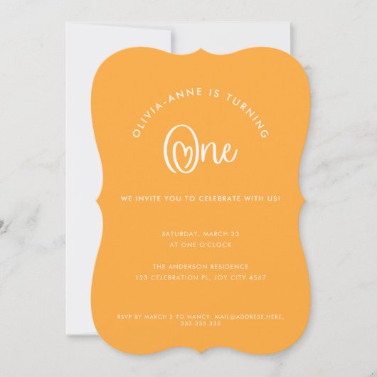 Invitation Fun Whimsical Orange Heart Script Premier annivers (Devant)