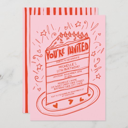 Invitation Fun Whimsical unique main tiré gâteau d'anniversai (Devant / Derrière)