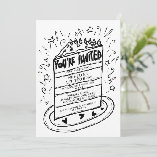 Invitation Fun Whimsical unique main tiré gâteau d'anniversai (Debout devant)