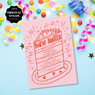 Invitation Fun Whimsical unique main tiré gâteau d'anniversai