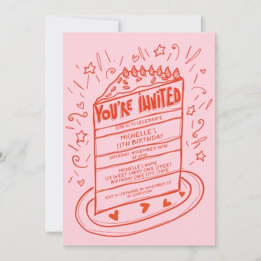 Invitation Fun Whimsical unique main tiré gâteau d'anniversai (Devant)