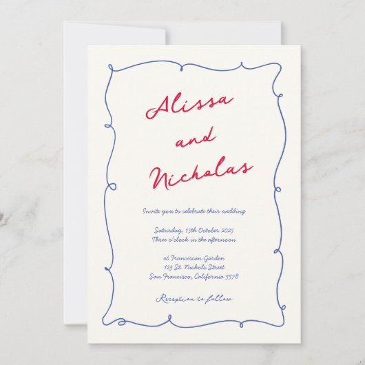 Invitation Fun Whimsical Wavy Bordure Mariage Monogramme (Devant)