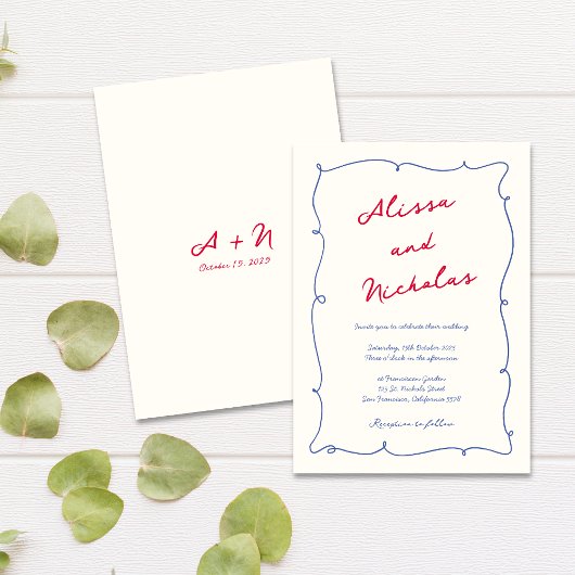 Invitation Fun Whimsical Wavy Bordure Mariage Monogramme