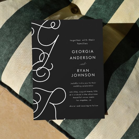 Invitation Fun Whimsscript Monogramme noir blanc Mariage