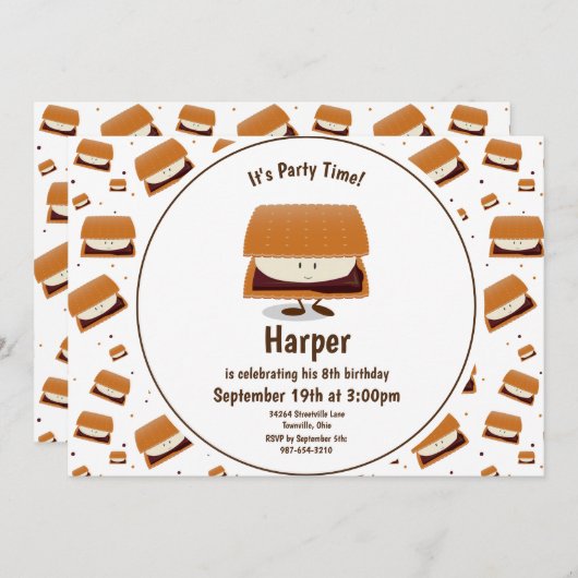 Invitation Fun White Brown S'more Motif Anniversaire des enfa (Devant / Derrière)