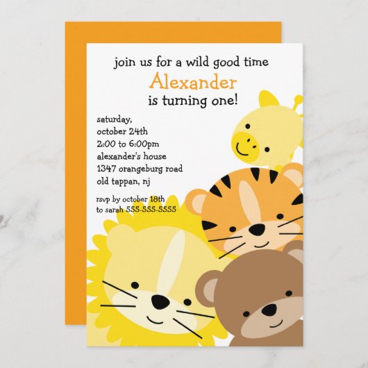 Invitation Fun Zoo fête d'anniversaire (Devant / Derrière)