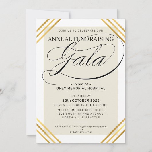 Invitation FUNDRAISING GALA événement fancy cadre or ivoire (Devant)