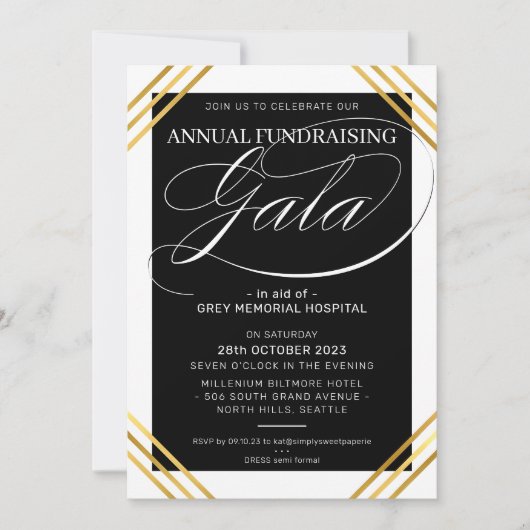 Invitation FUNDRAISING GALA événement fancy cadre or noir (Devant)