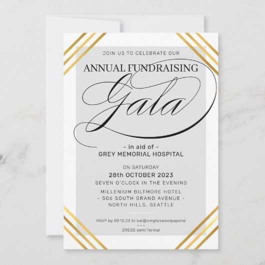 Invitation FUNDRAISING GALA événement fantaisie cadre or gris (Devant)