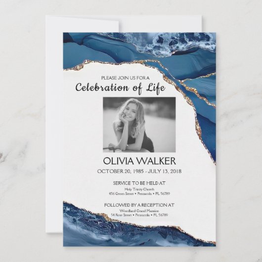 Invitation Funérailles bleues et dorées Célébrer la vie (Devant)