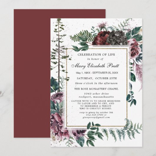 Invitation Funérailles Bourgogne Fête du Pin Floral Célébrati (Devant / Derrière)