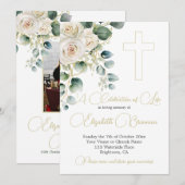 Invitation Funérailles Christian Photo Élégant Rose Floral (Devant / Derrière)