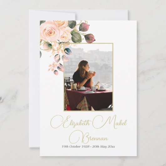 Invitation Funérailles Christian Photo Élégante rose Rose Flo (Dos)