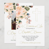 Invitation Funérailles Christian Photo Élégante rose Rose Flo (Devant / Derrière)