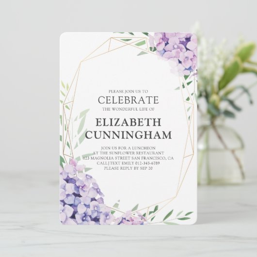 Invitation Funérailles commémoratives Hydrangea Lilac Floral  (Debout devant)