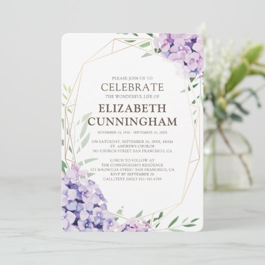 Invitation Funérailles commémoratives Hydrangea Lilac Floral  (Debout devant)
