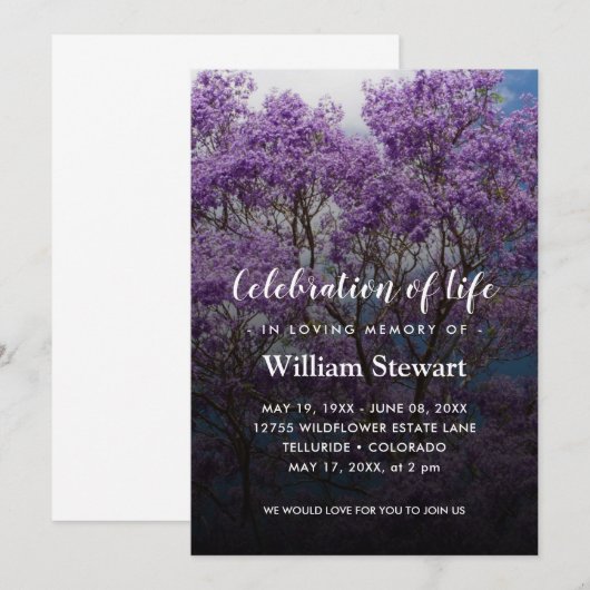 Invitation Funérailles de Jacaranda Tree | Célébration de la  (Devant / Derrière)