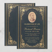 Invitation Funérailles Elégante Vintage Blue Gold Photo (Devant / Derrière)