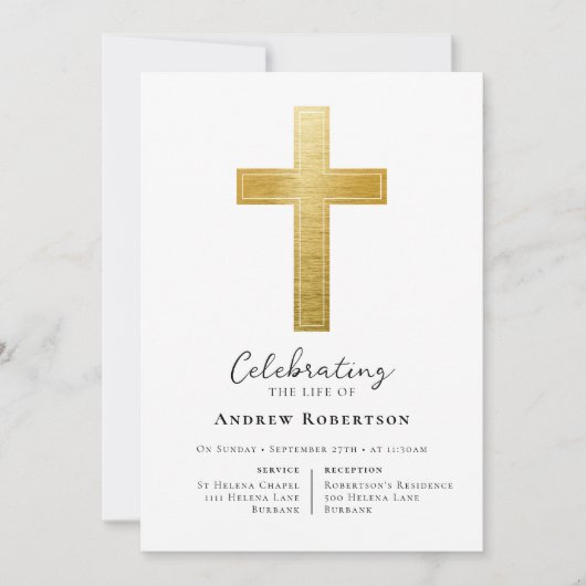 Invitation Funérailles Gold Foil Cross (Devant)