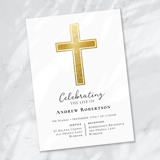 Invitation Funérailles Gold Foil Cross