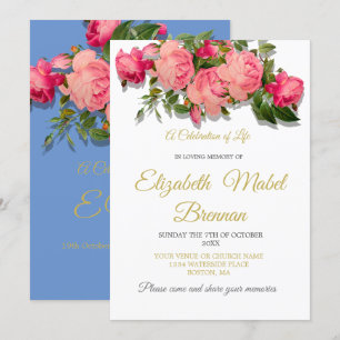 Invitation Funérailles Mémorial bleu Roses Célébration de la