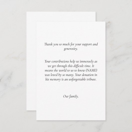 Invitation Funérailles Merci Notes pour les dons (Devant / Derrière)