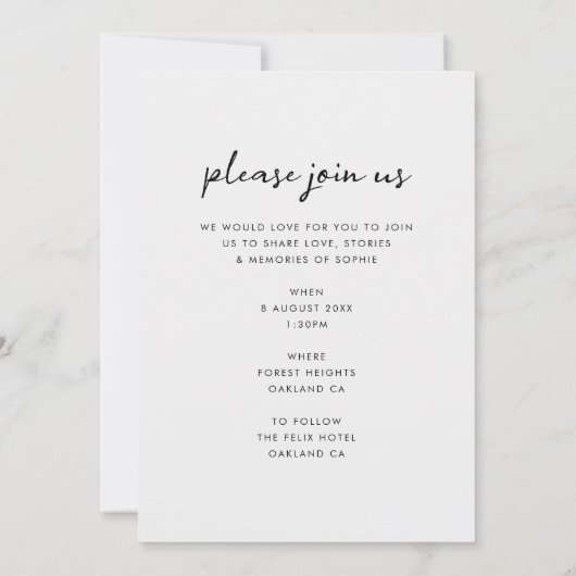 Invitation Funérailles modernes | Célébration de la vie (Dos)