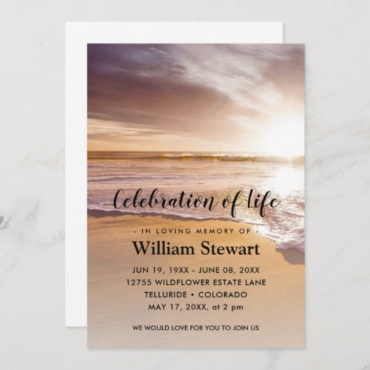 Invitation Funérailles modernes | Célébration de Life Beach S (Devant / Derrière)