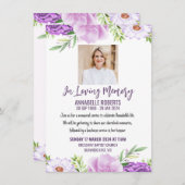 Invitation funéraire aux fleurs violettes et roses (Devant / Derrière)