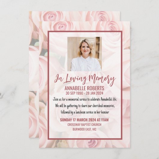 Invitation funéraire - Bouquet de roses douces ros (Devant / Derrière)