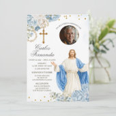 Invitation funéraire de Jésus bleu et or (Debout devant)