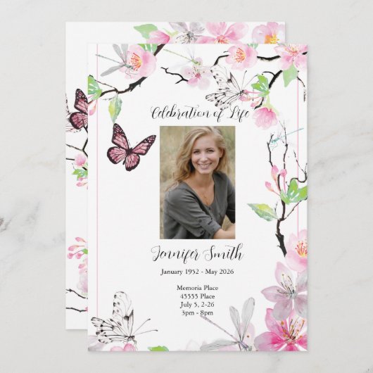 Invitation funéraire rose cerise et papillon (Devant / Derrière)