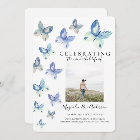 Invitation funéraire simple papillon bleu (Devant / Derrière)