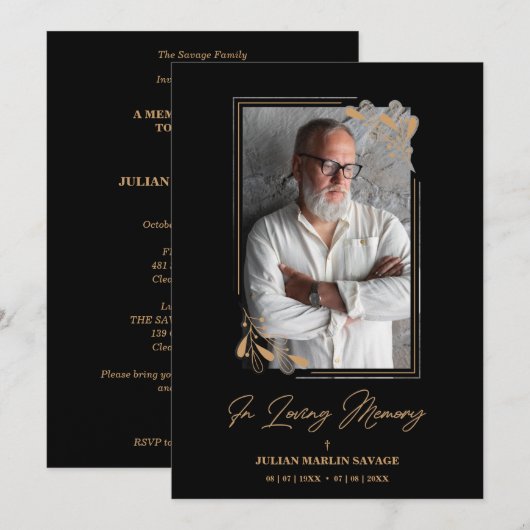 Invitation Funeral Black Fake Golden Branches Photo Remember (Devant / Derrière)