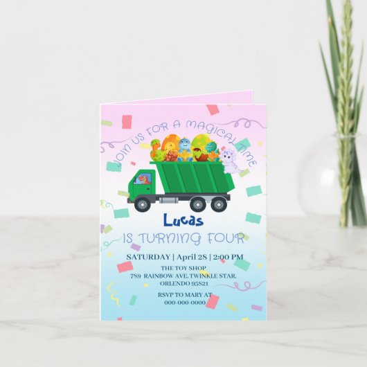 Invitation Funky bébé dinosaure camion à ordures Anniversaire (Devant)
