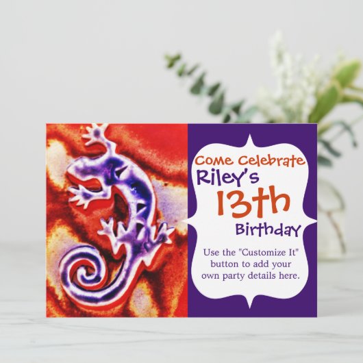 Invitation Funky bleu violet orange Lizard Gecko Sud-Ouest (Debout devant)