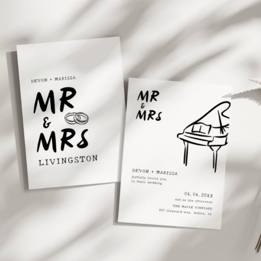 Invitation Funky Fun Retro Mr & Mrs Mariage illustré