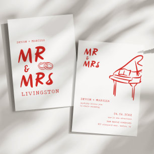 Invitation Funky Fun Retro Rouge Mr & Mrs Mariage illustré