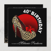 Invitation Funky Leopard Stiletto 40e anniversaire noir rouge (Devant / Derrière)