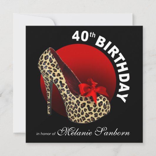 Invitation Funky Leopard Stiletto 40e anniversaire noir rouge (Devant)