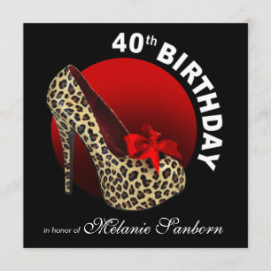 Invitation Funky Leopard Stiletto 40e anniversaire noir rouge