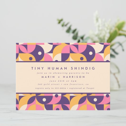 Invitation Funky moderne violet minuscule Baby shower humain (Debout devant)
